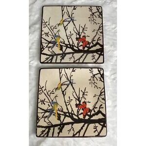 2 Dinner Plates Ceramic Square 9 1/4" Roscher Birds Butterfly Trees Whimsical